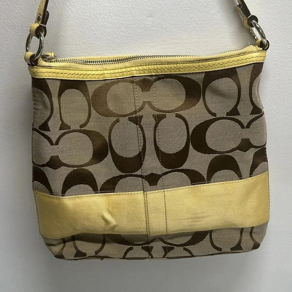 Coach Purse Signature 2 Way Shoulder Bag Signature Canvas Light Brown Tan Yellow - Picture 6 of 12
